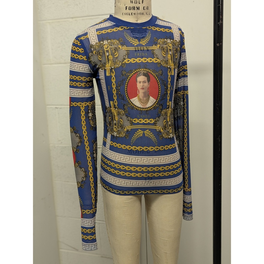 Frida Kahlo SM  Mesh Long Sleeve Top Blue Gold Chain Baroque Graphic Print